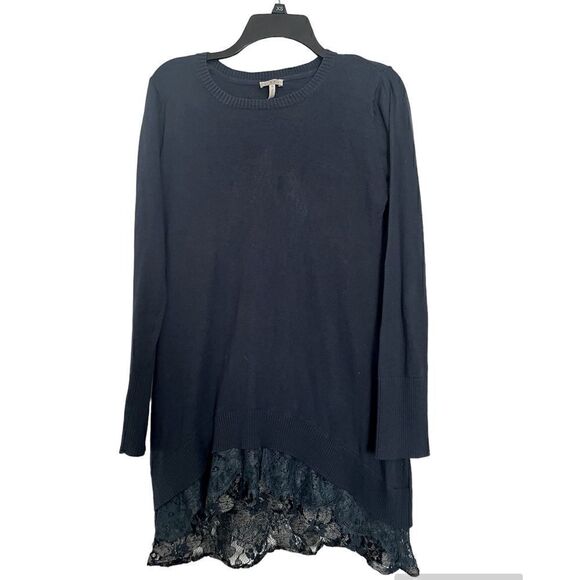 LOGO Lori Goldstein navy blue long sleeve lace hem long length top size S - Picture 1 of 9